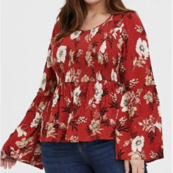 Torrid 5X Babydoll Crinkle Gauze Midi Top Orange Floral Women's Plus Stretch - Picture 1 of 7